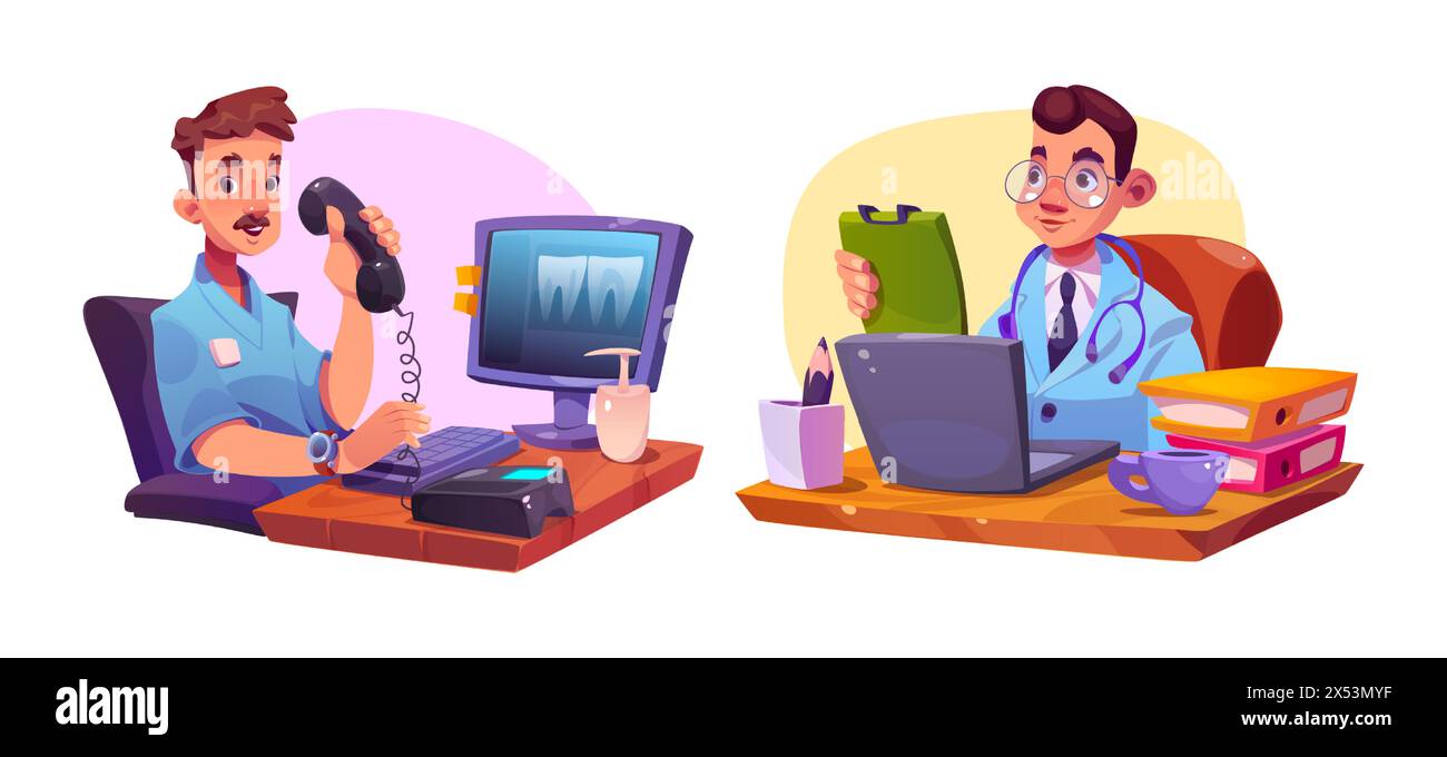 Männlicher Arzt, der am Schreibtisch sitzt, mit Computer, Telefon und medizinischen Dokumenten. Zeichentrickvektor-Illustration Satz des Mannes Gesundheitspersonal in Uniform. Berechnete Krankenhauspraxiseinrichtung. Stock Vektor