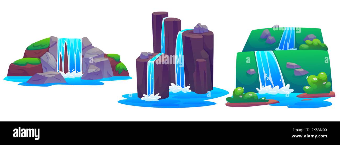 Set von felsigen Wasserfällen isoliert auf weißem Hintergrund. Vektor-Karikaturillustration des Flusses Wasser fließt hinunter Steinkaskade, grünes Gras und Blumen auf Hügel, tropischen Wald, Park Design Elemente Stock Vektor