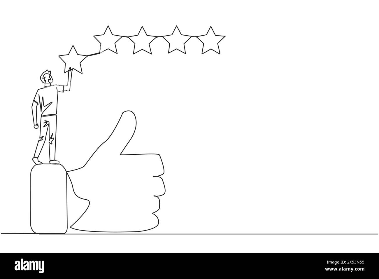 Einzelne durchgehende Linie, die jung zeichnet glücklich der Mann, der auf den Daumen nach oben steht, will die Sterne befestigen, um 5 Sterne hintereinander zu bilden. Geben Sie eine Bewertung oder eine gute Bewertung Stock Vektor