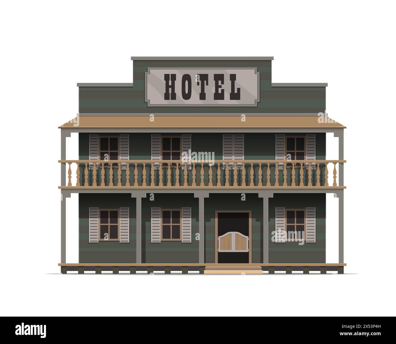 Westliches Hotelgebäude, wilde Westfassade. Isolierte Vektor-rustikale, hölzerne Motel-Außenstruktur mit großer Veranda, schwingenden Salontüren und einem markanten Schild, verziert mit Vintage-Typografie Stock Vektor