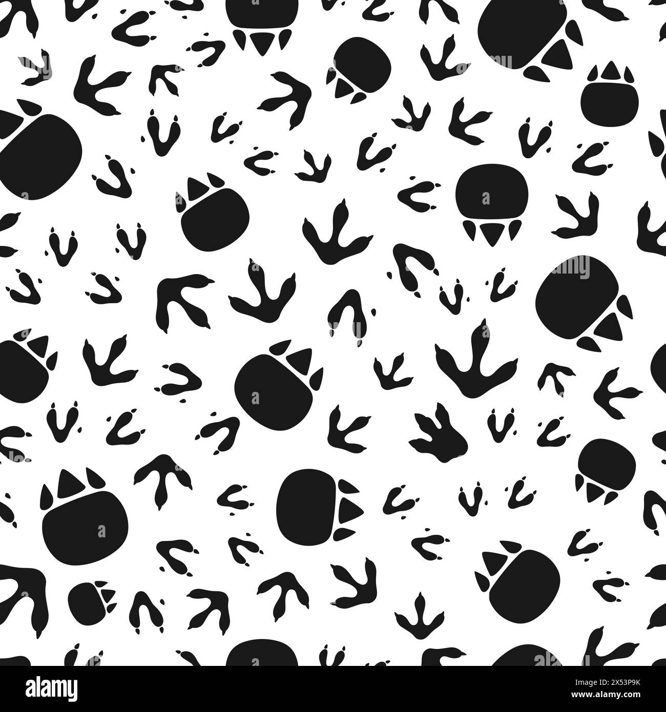 Nahtloses Muster für Dinosaurier-Footprint. Vektor-Hintergrund von Dino-Fußabdruck und Pfoten-Spur-Silhouetten. Jurassische Tierspuren monochrome Muster mit prähistorischen Monsterfußabdrücken, Dinosaurierpfoten Stock Vektor