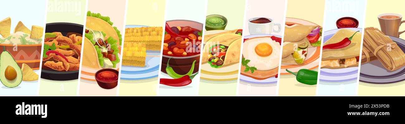 Mexikanische Küche Collage. Tex mex Essen, Getränke und Dessert. Vektor-Taco, Burrito, Mais und Chili-Bohnen mit Avocado-Guacamole und Salsa-Sauce, Fajitas, Tamale-Nachos, Enchilada und heißer Schokolade Stock Vektor