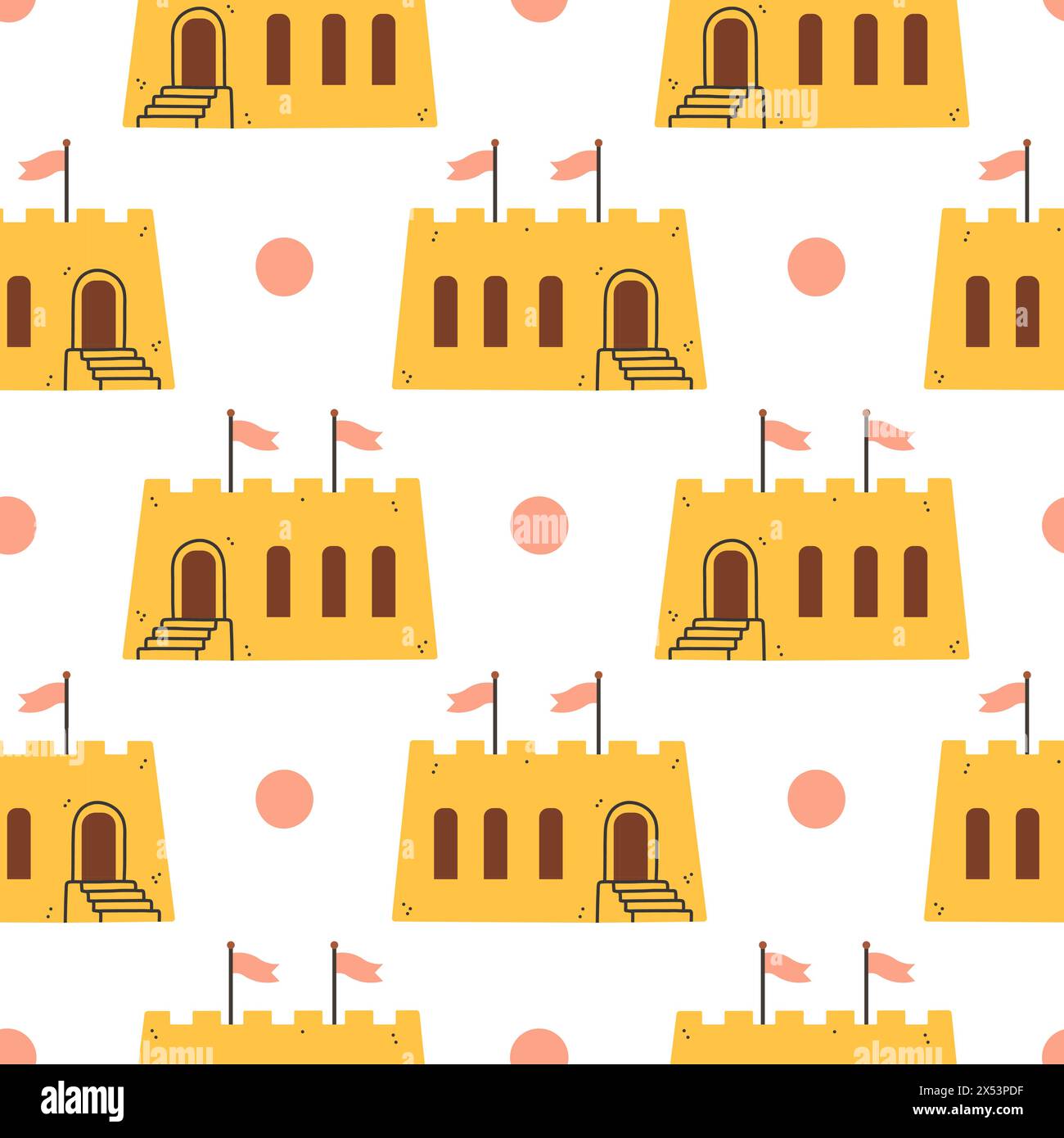 Sommer Sandburg Muster. Flaches, nahtloses Muster. Einfache Sandburg. Cartoon-Design. Illustration des flachen Vektors. Stock Vektor