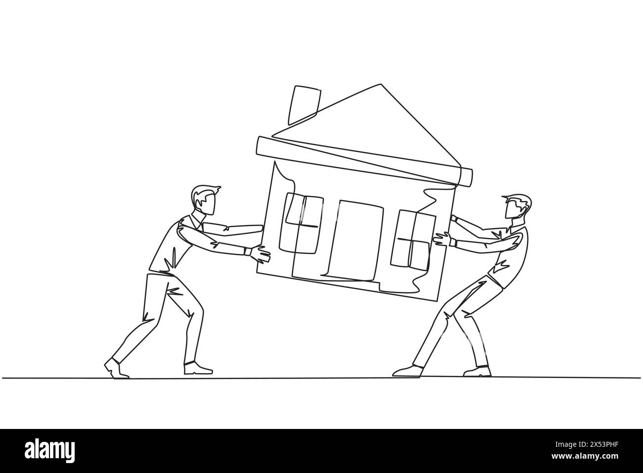 Durchgehende Linie, die zwei emotionale Geschäftsleute zieht, die um ein Miniaturhaus kämpfen. Das Konzept, für ein luxuriöses Haus zu kämpfen, das sie wirklich wollen Stock Vektor