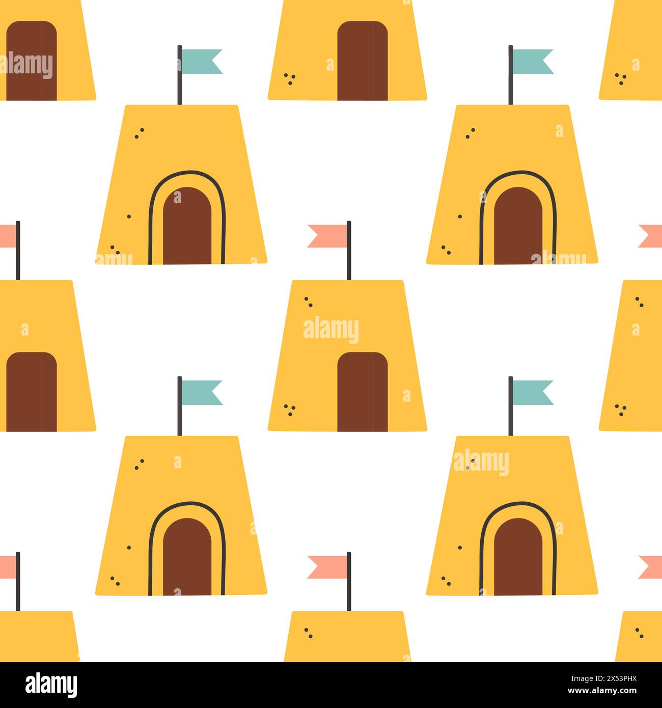 Sommer Sandburg Muster. Flaches, nahtloses Muster. Einfache Sandburg. Cartoon-Design. Illustration des flachen Vektors. Stock Vektor