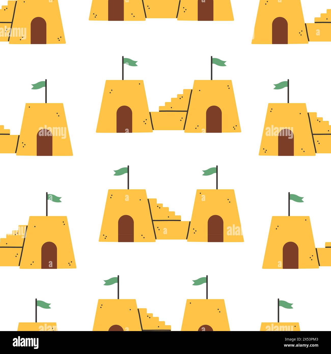 Sommer Sandburg Muster. Flaches, nahtloses Muster. Einfache Sandburg. Cartoon-Design. Illustration des flachen Vektors. Stock Vektor