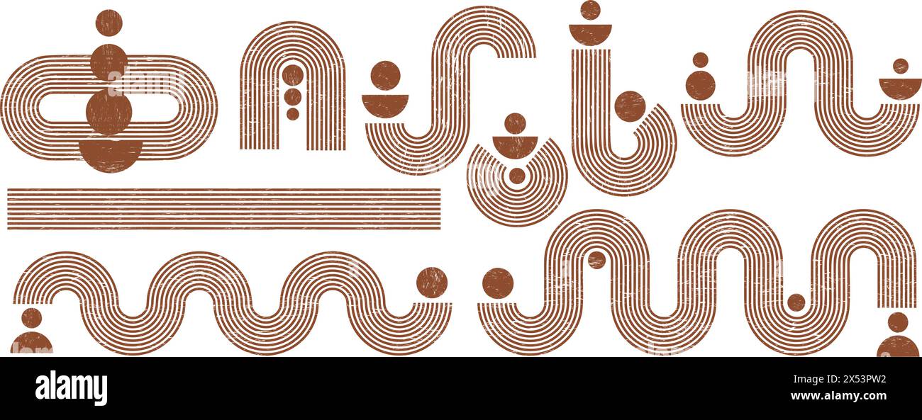 Geometrische Linien Zen-Muster. Abstrakte Bögen und Formen. Gleichgewichtszahlen mit linearen Umrisslinien. Nordische minimale organische Zeichnungen und Stock Vektor