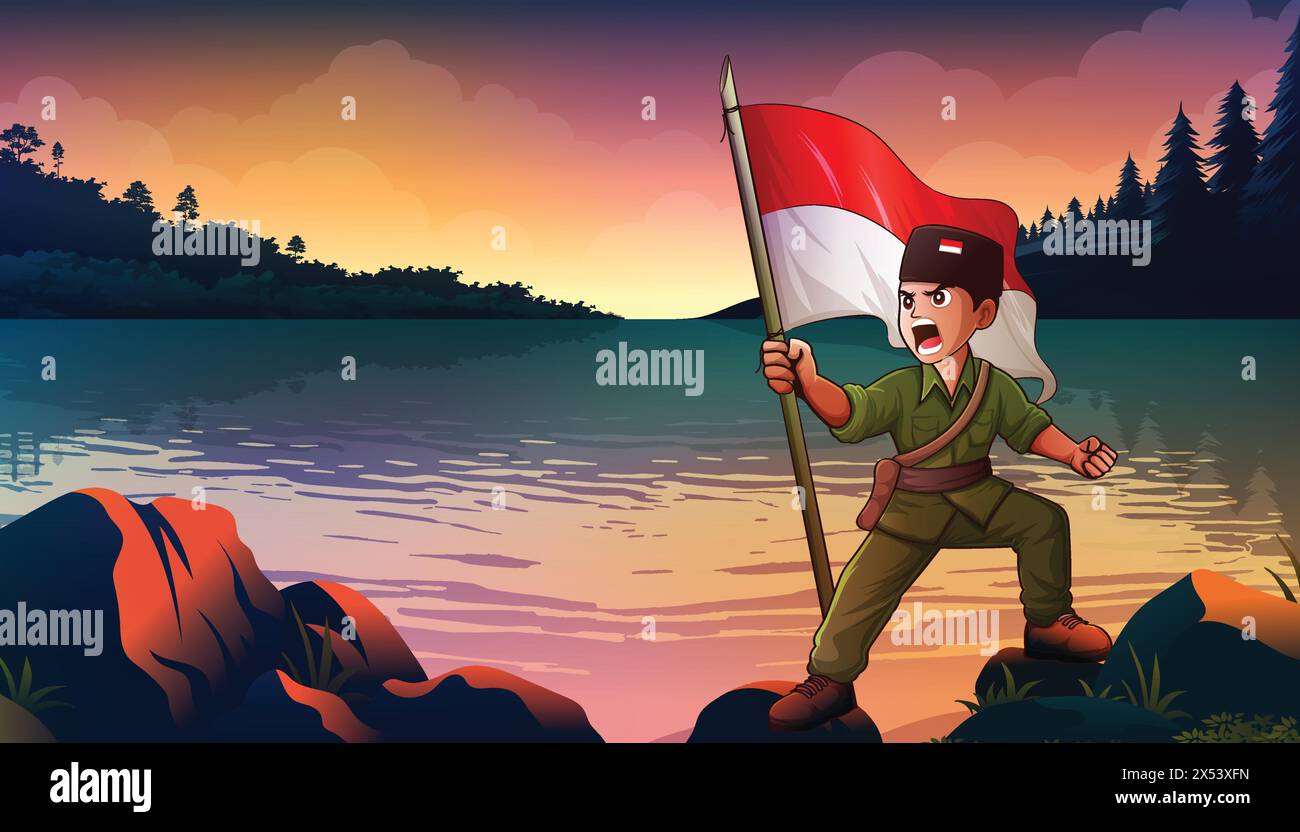 Indonesische Nationalhelden, die auf einem Felsen stehen und eine rote und weiße Fahnenvektor-Illustration halten Stock Vektor