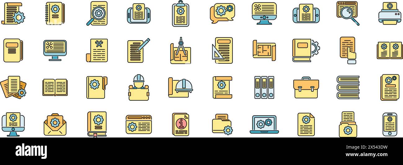 Symbole für technische Dokumente legen den Konturvektor fest. Bauanleitung. Planen Sie Papier mit dünner Linie flach auf weiß Stock Vektor