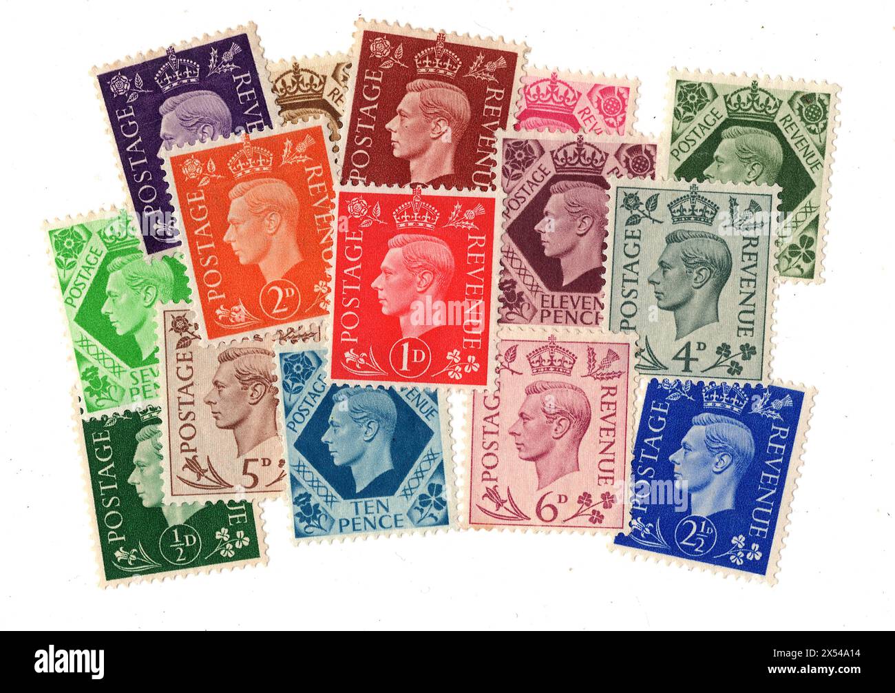 Eine Montage von Briefmarken von König George VI. Aus Großbritannien auf weißem Hintergrund. Stockfoto