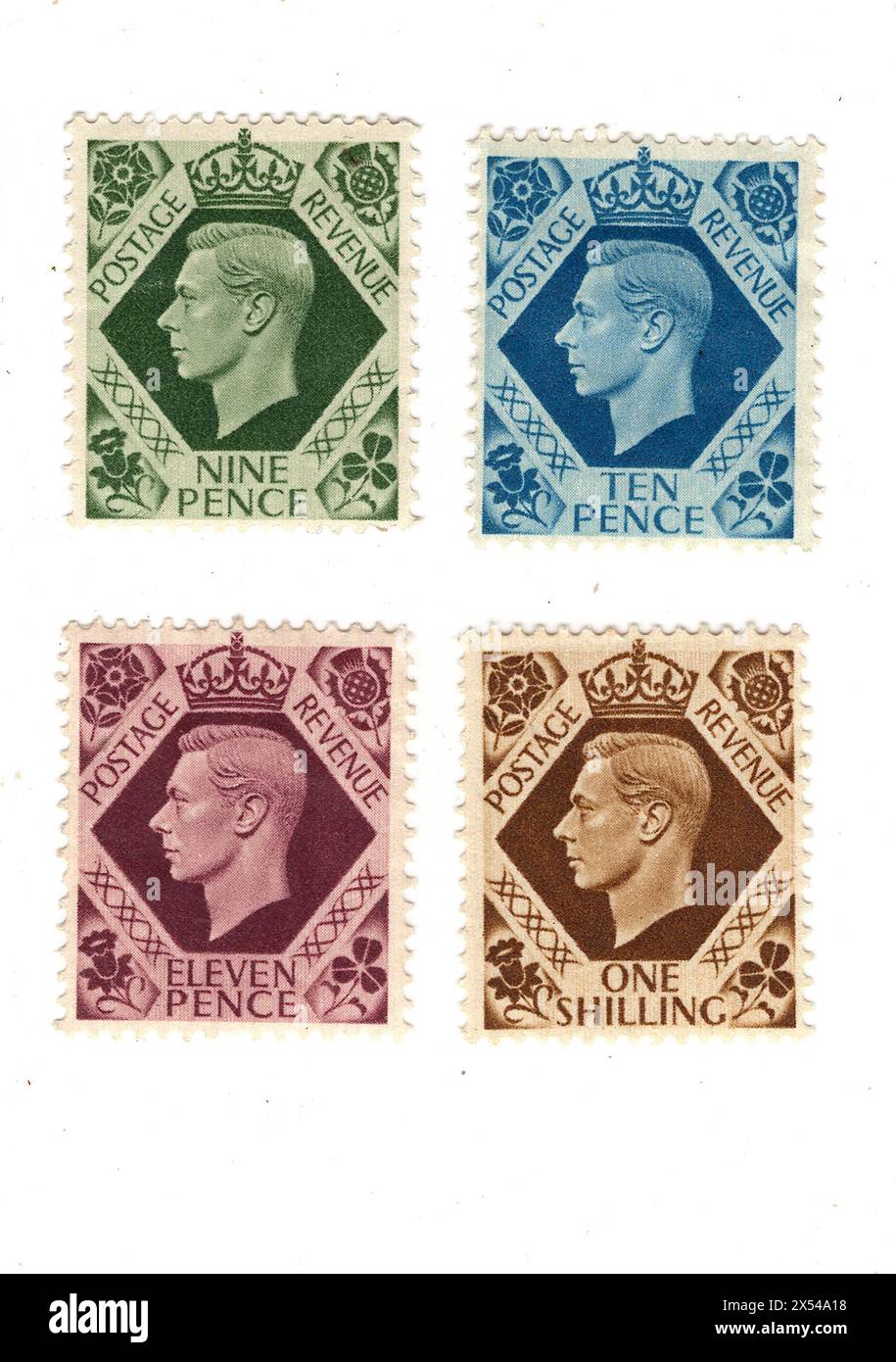 Eine Montage von Briefmarken von König George VI. Aus Großbritannien auf weißem Hintergrund. Stockfoto