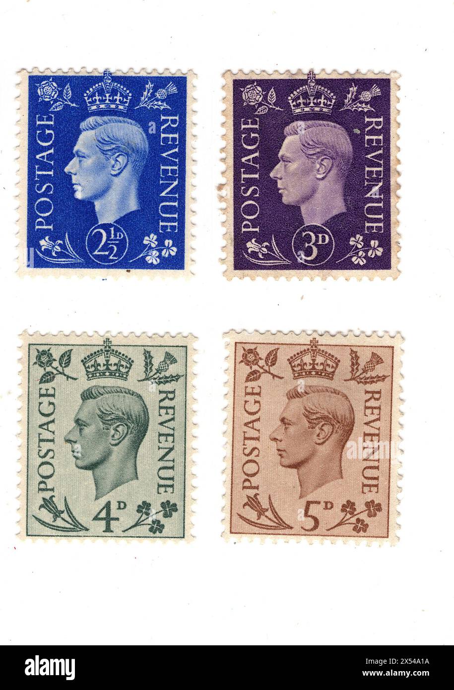 Eine Montage von Briefmarken von König George VI. Aus Großbritannien auf weißem Hintergrund. Stockfoto