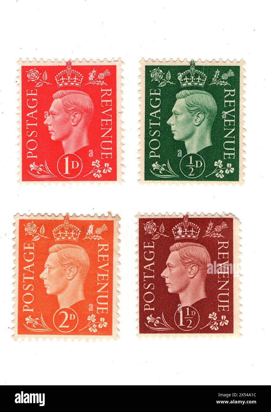 Eine Montage von Briefmarken von König George VI. Aus Großbritannien auf weißem Hintergrund. Stockfoto