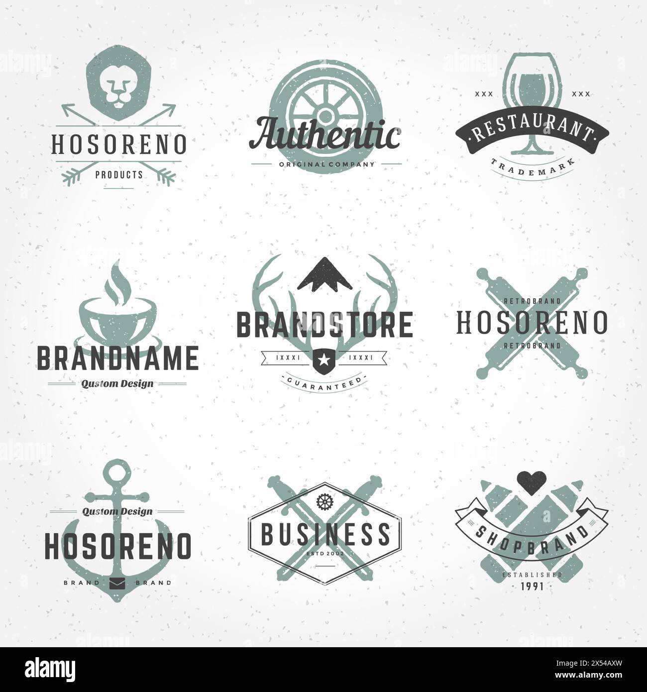 Handgezeichnete Retro-Logos Vektorvorlagen Set. Handgezeichnete Logos, Handgezeichnete Symbole, Handgezeichnete Symbole, Logoelemente, Logovektor, Retro-Logos. Löwe L Stock Vektor