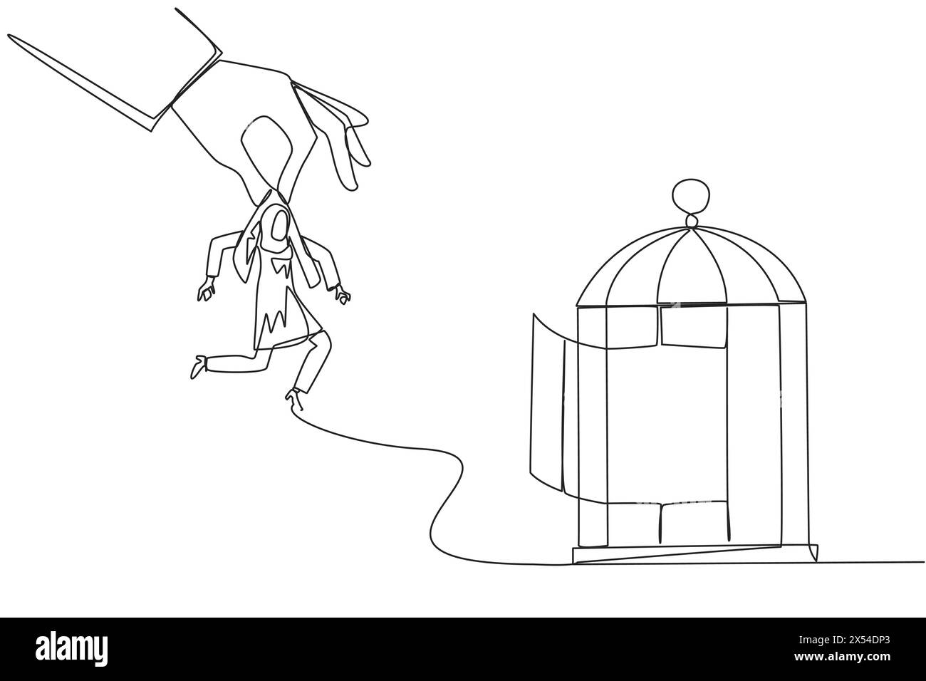 Eine durchgehende Linie, die große Hand hält, die arabische Geschäftsfrau hält und in einen Käfig gesteckt werden will. Grobes Trapping. Den Geschäftsgegner durch Betrug schlagen. Un Stock Vektor