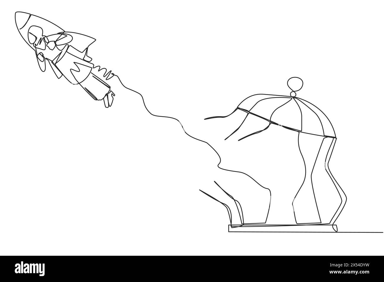 Durchgehende einzeilige Zeichnung einer arabischen Geschäftsfrau, die mit Rakete fliegt und Käfig bricht. Frei von Traps. Einen Booster zu bekommen, um das Geschäft fortzusetzen. Bus Stock Vektor