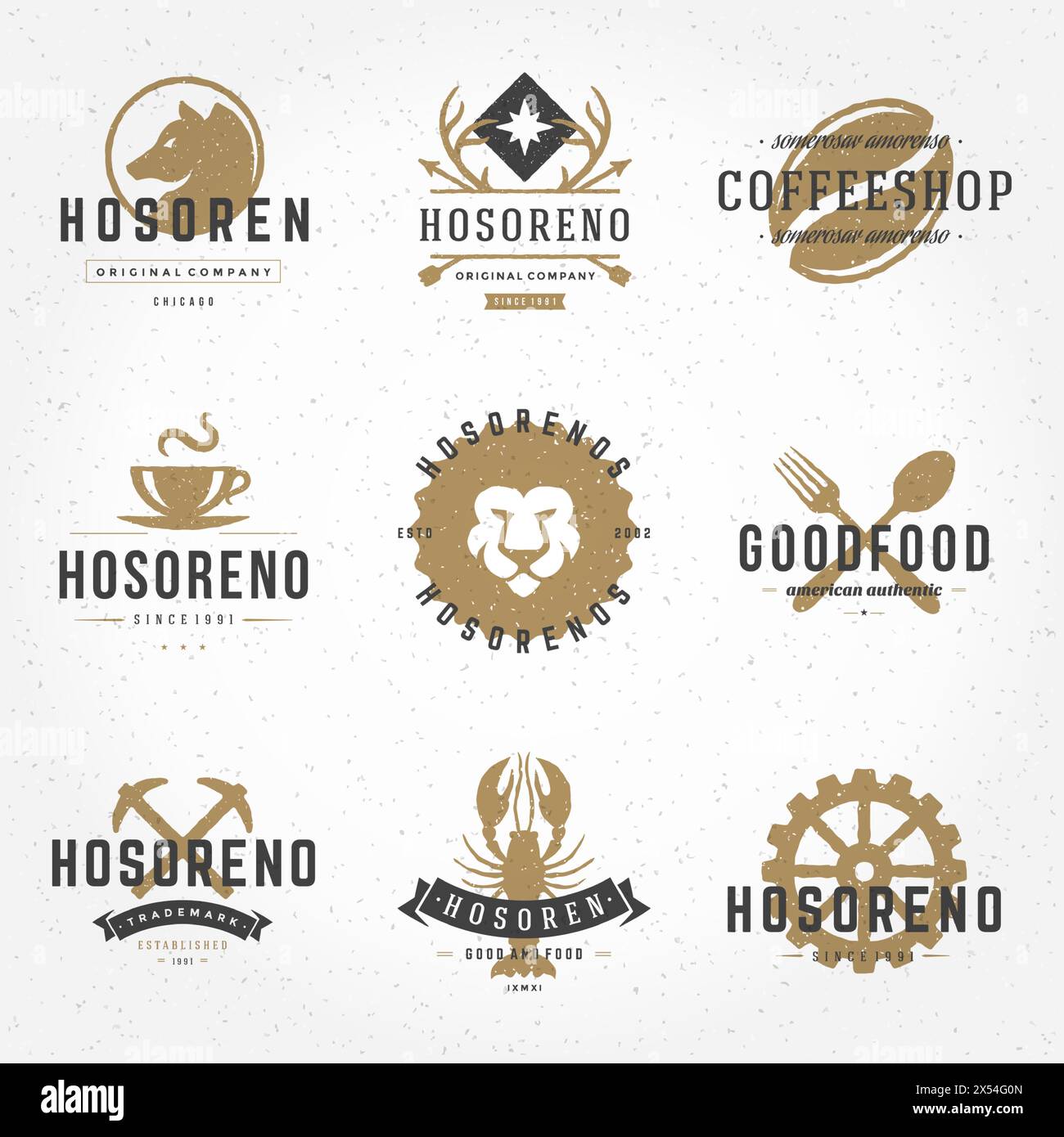 Setzen Sie handgezeichnete Retro-Logos oder -Abzeichen. Vektortypografische Designelemente. Stock Vektor