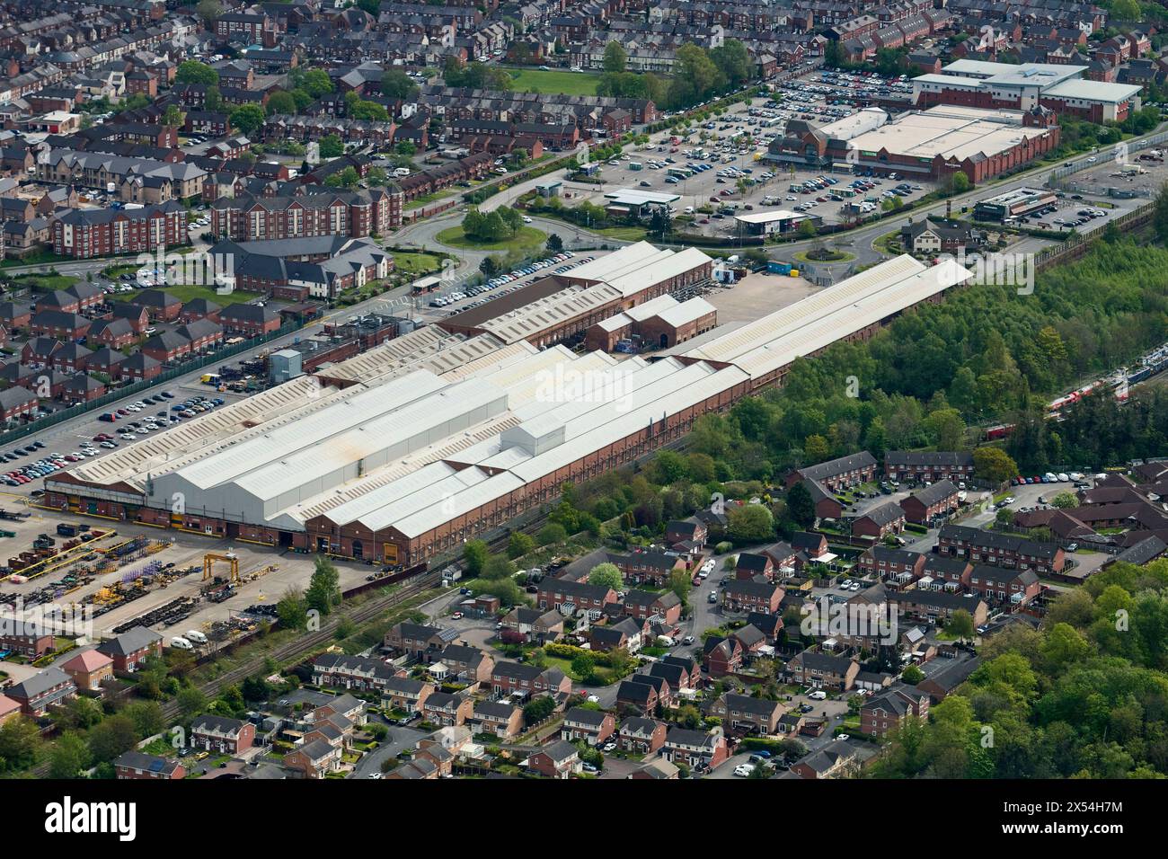 Eine Luftaufnahme des ehemaligen Eisenbahnwerks in Crewe, Nordwesten Englands, Großbritannien Stockfoto