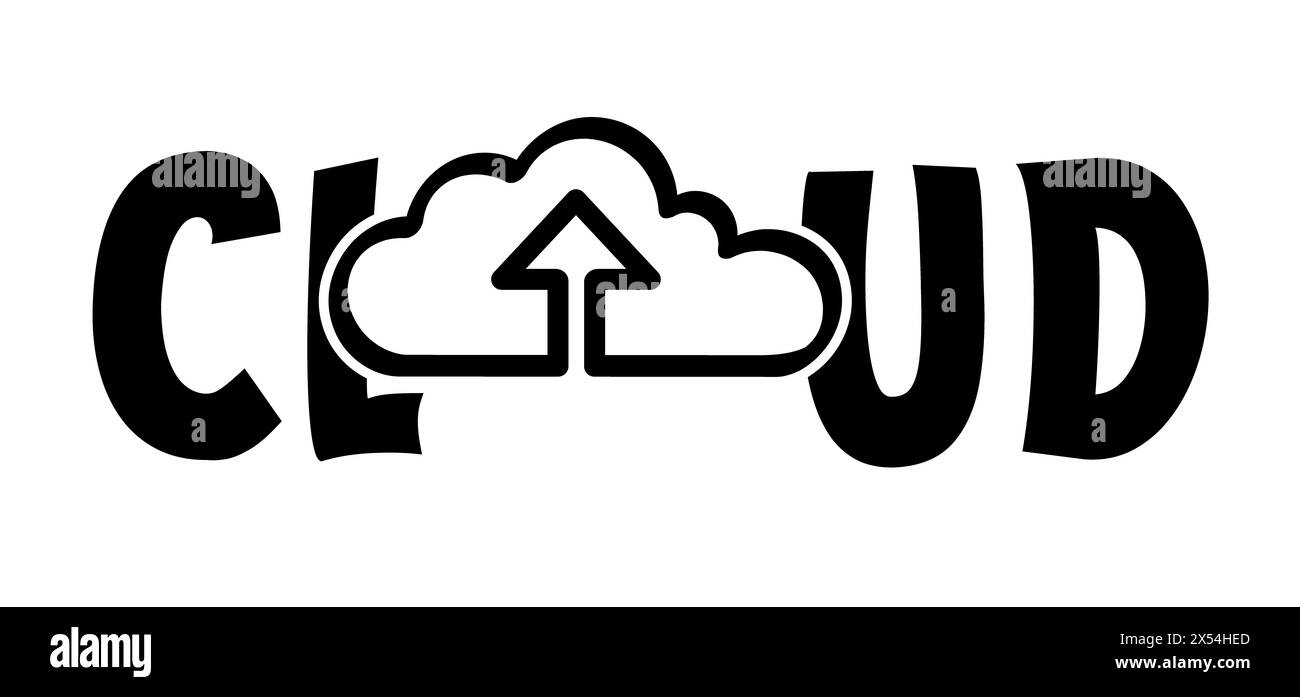 Zeichentrickzeichnung von Wolkenschwingungen. Symbol oder Piktogramm für den Cloud-Service. Backup, Upload Cloud, Computing-Konzept. Daten hochladen, Netzwerk, Serverlogo. Für Web Stockfoto