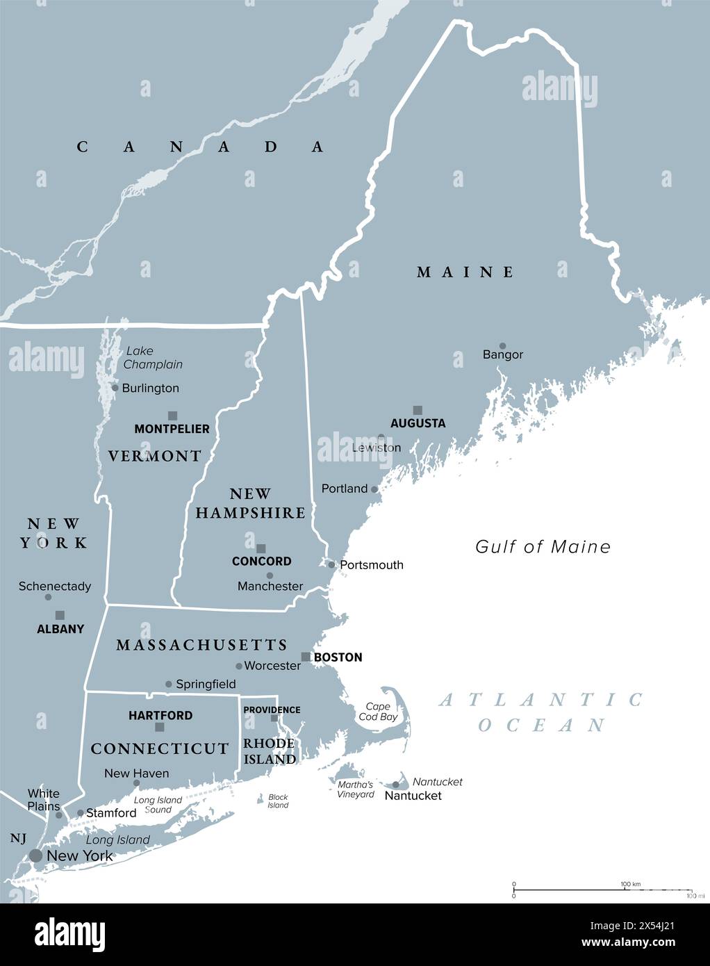 Neuengland, eine Region der Vereinigten Staaten, graue politische Karte. Maine, Vermont, New Hampshire, Massachusetts, Rhode Island und Connecticut. Stockfoto