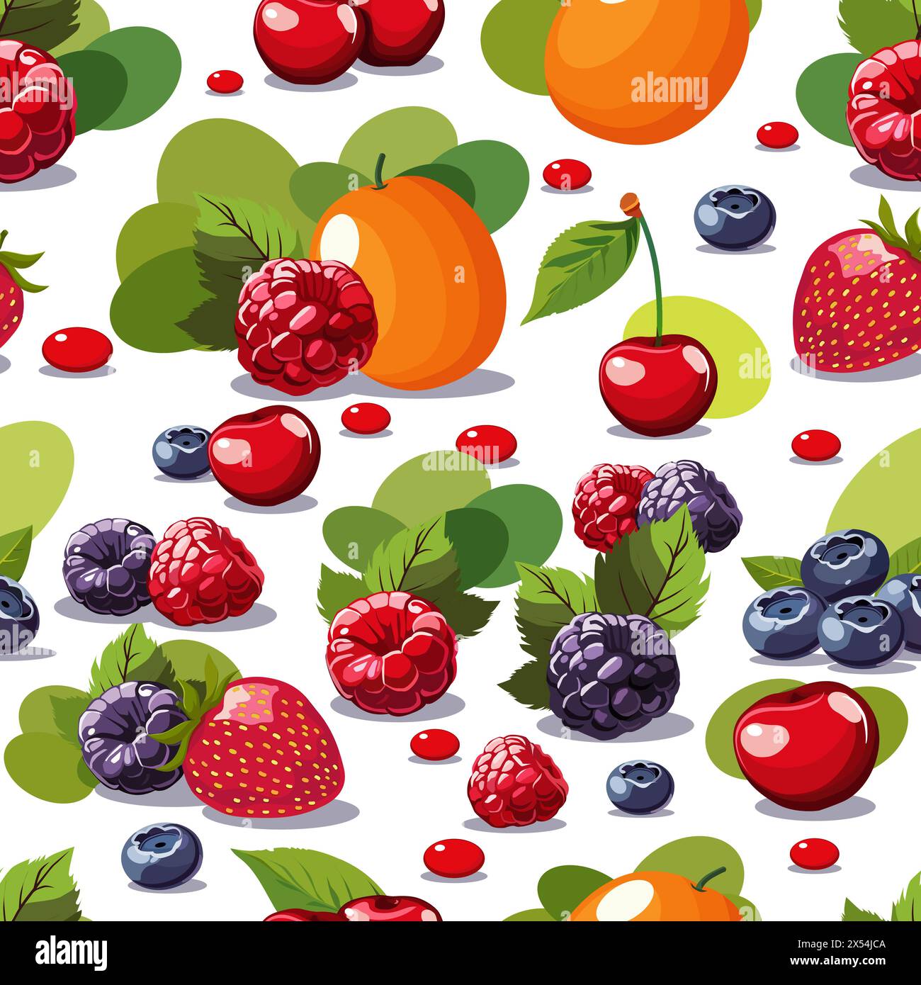 Nahtloses Vektor-Muster mit Früchten, Beeren und grünen Blättern. Isolierte Abbildung auf weißem Hintergrund. Sommer-Fruchtdesign für Stoff, Textilien, BE Stock Vektor