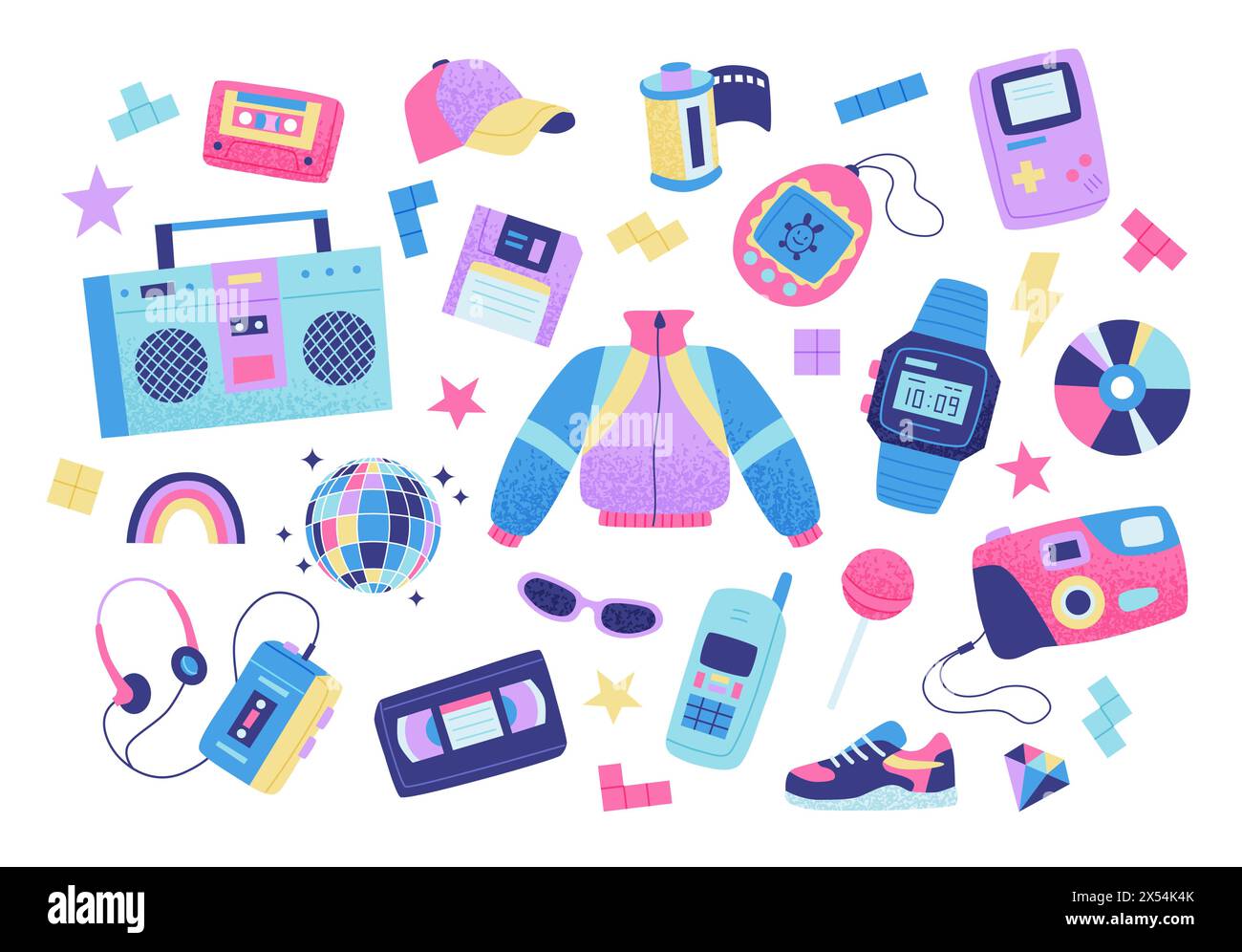 Set aus Retro-Elementen der 90er Jahre. Bunte Kollektion. Vektorillustration in trendigem flachen Stil Stock Vektor