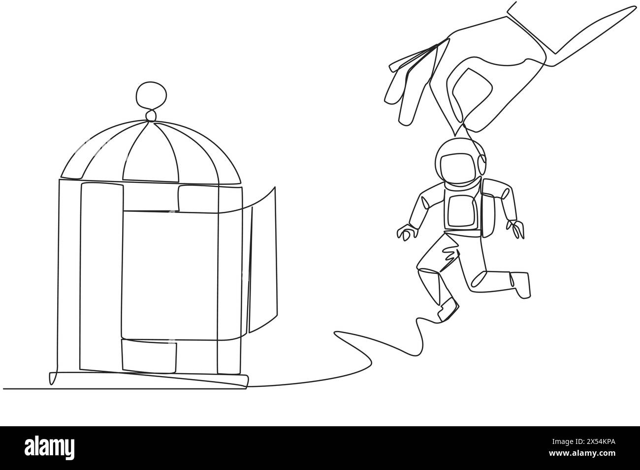 Eine durchgehende Linie zieht große Hände, die den Astronauten halten und in einen Käfig stecken wollen. Grobes Trapping. Einen Geschäftsgegner durch Betrug schlagen. Unfair b Stock Vektor