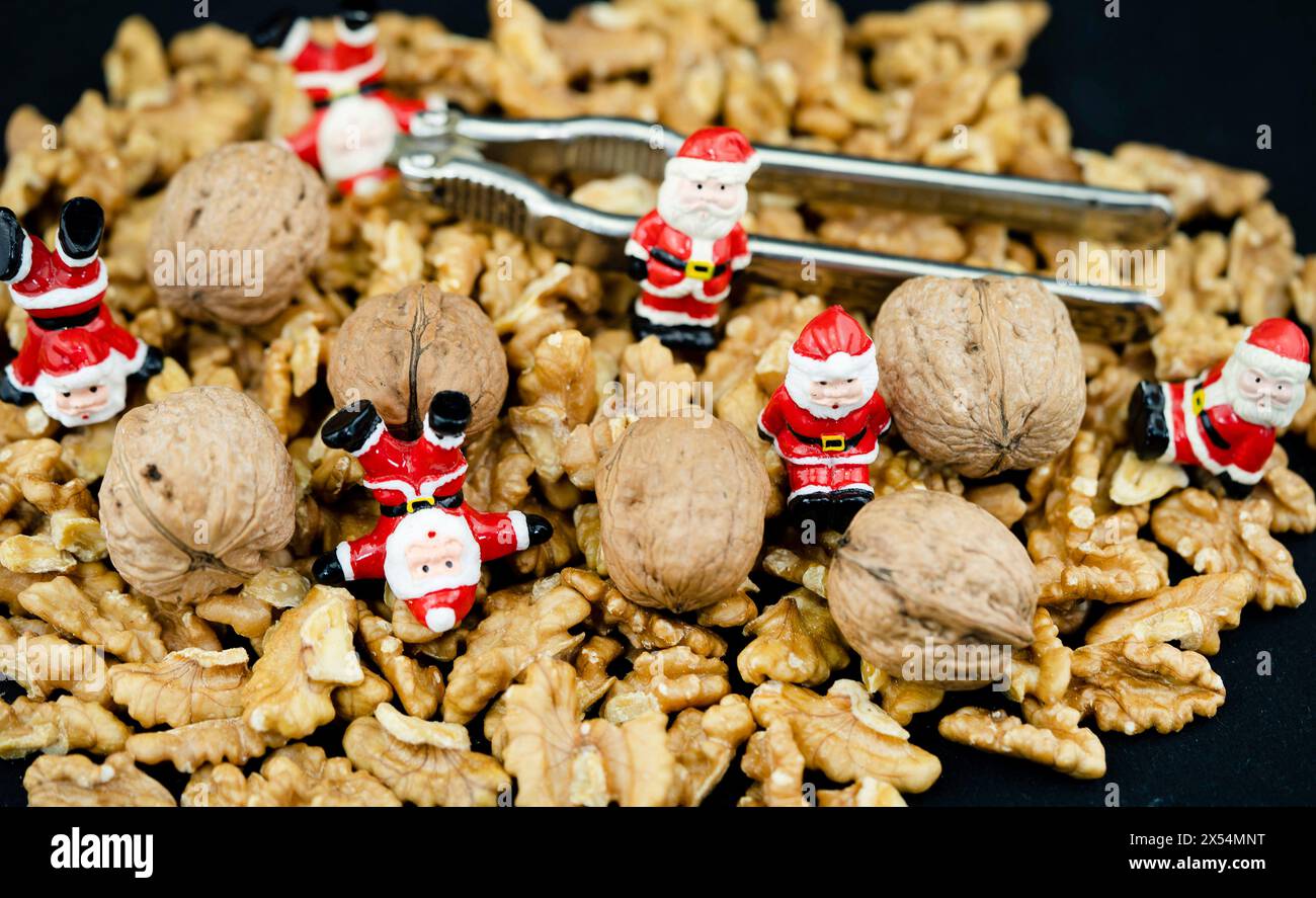 Walnuss (Juglans regia), Walnüsse mit Nussknacker und Santas Stockfoto