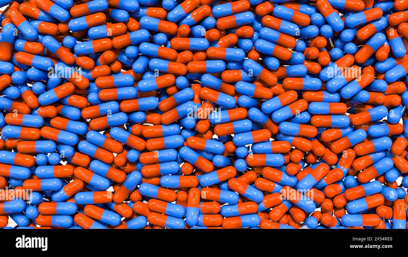 Rote und blaue medizinische Pillen, Kapseln fallen in eine Glasbox, Gesundheit und Medizin. Rote und blaue Heilpillen, Kapseln fallen in eine Glaskiste, er Stockfoto