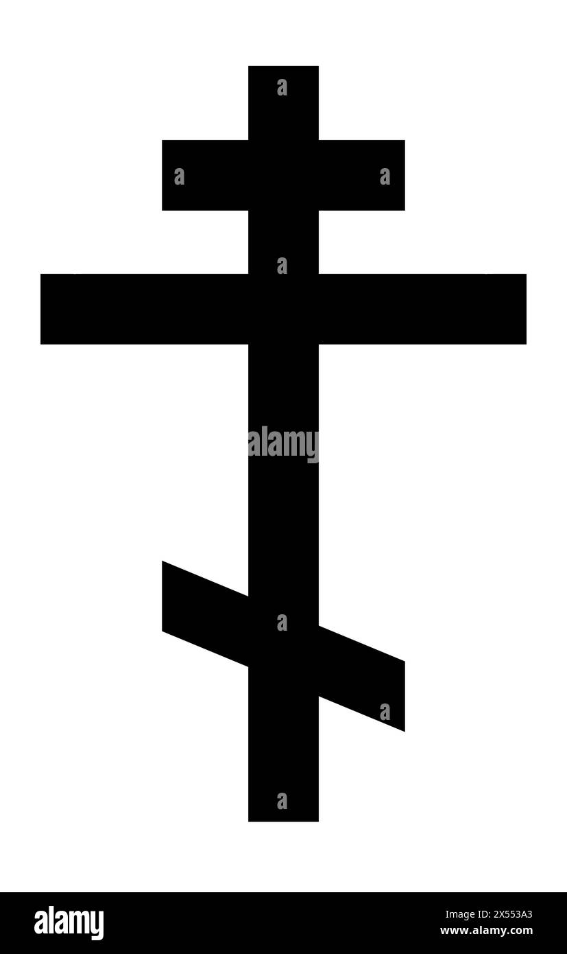 Orthodoxes Kreuz, schwarz-weiße Vektor-Silhouette Illustration der religiösen christlichen Kreuzform, isoliert auf weiß Stock Vektor