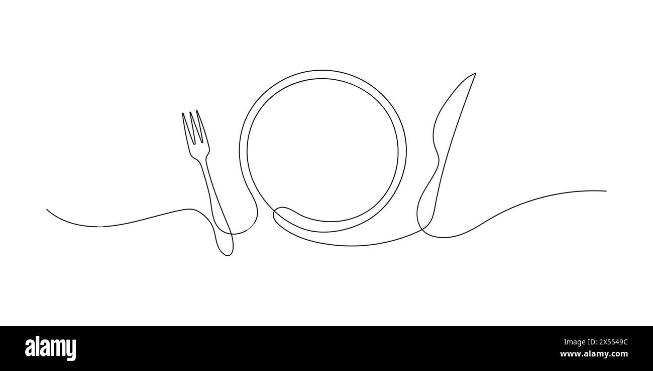 Linienzeichnung einer Gabel, eines Messers und einer Platte. Eine durchgehende einzeilige Skizze von Besteck und Küchenutensilien. Handgezeichnetes Geschirr Illustration für ein Restaurant Stock Vektor
