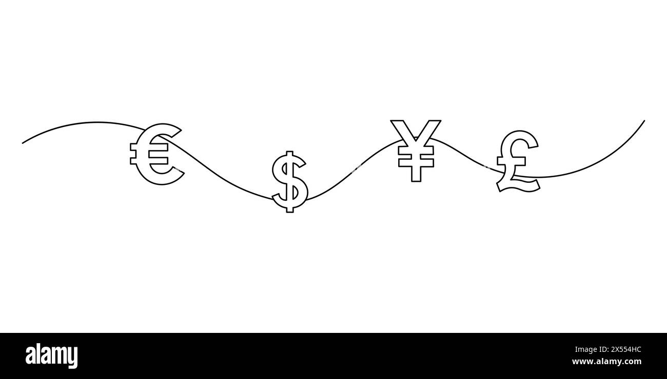Eine Zeilenzeichnung der Weltwährung. Land Währung Konzept durchgehende Linie Zeichnung Grafik Design Vektor Illustration Stock Vektor