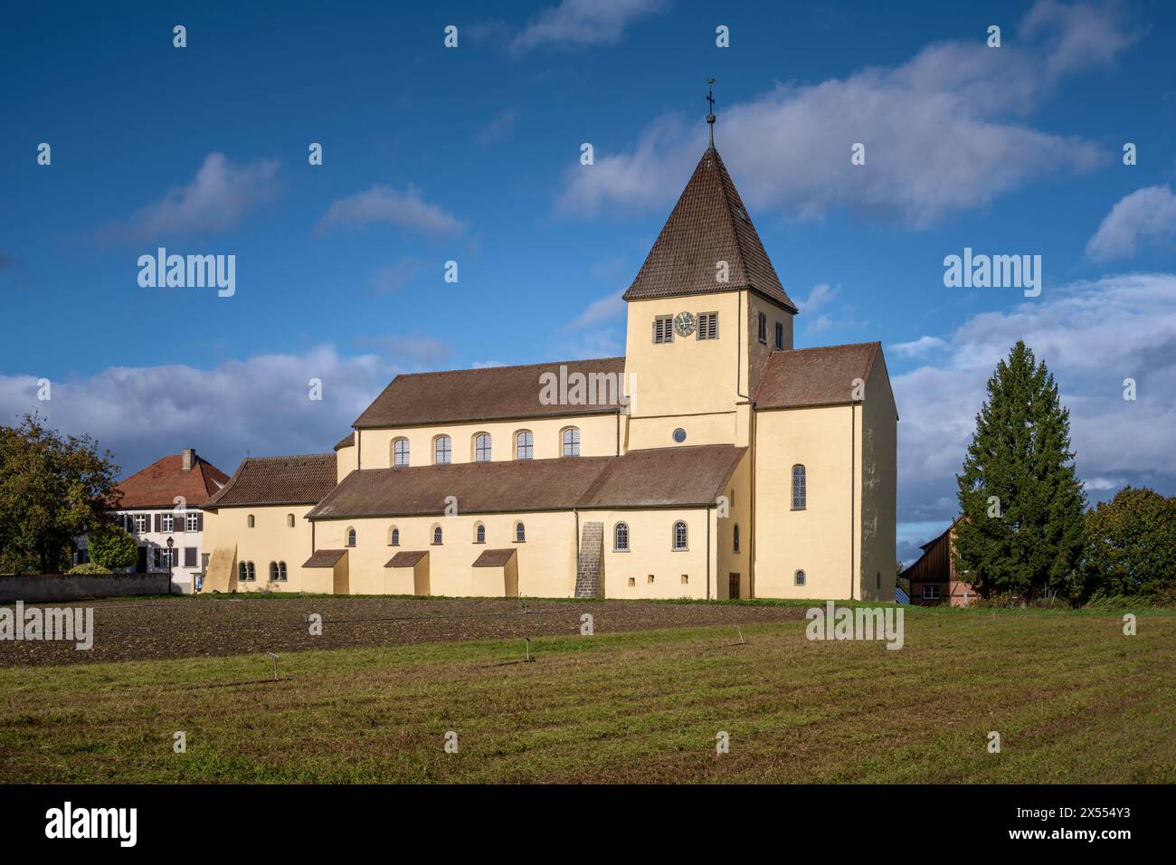 St. Georg-Kirche und bearbeitetes Gemüsefeld, Insel Reichenau, Deutschland Stockfoto