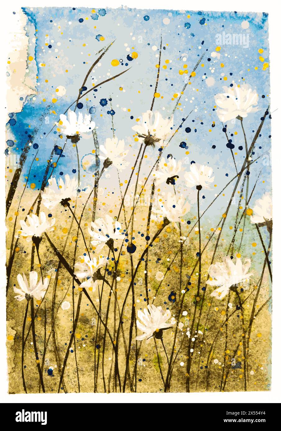 Handgezeichnetes Aquarellgemälde von kleinen Wildblumen. Landschaftsmalerei mit blühenden weißen Blüten, Knospen, Stiel, Kamille, Pflanzensilhouette, abstrakter Ba Stock Vektor