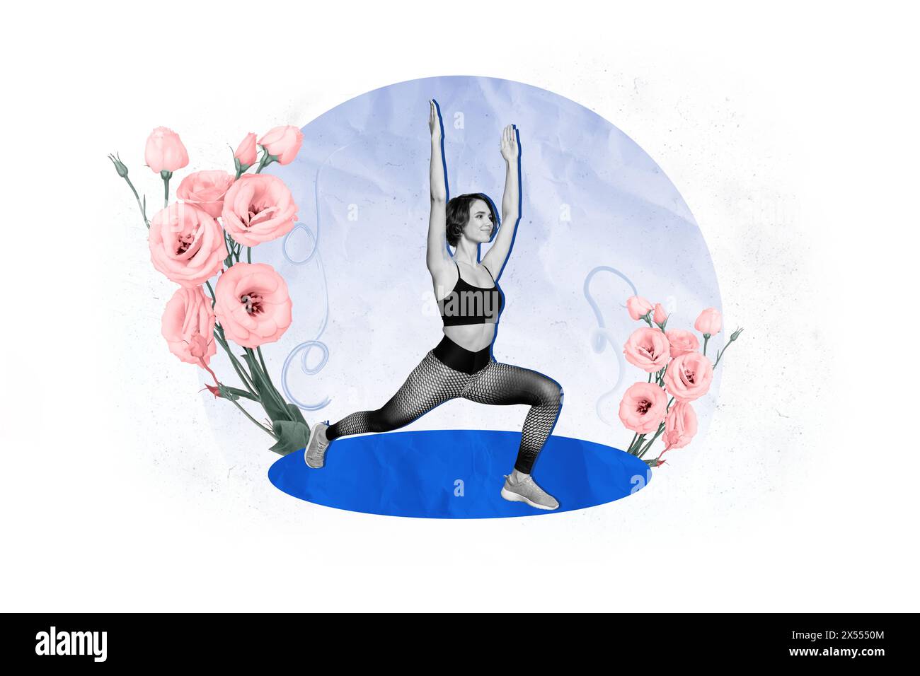 Skizze Bild Artwork Foto Collage der Frühling Saison Rose Blume schwarz weiß Silhouette sportliche junge Dame halten Balance Yoga Asana Pilates Stockfoto