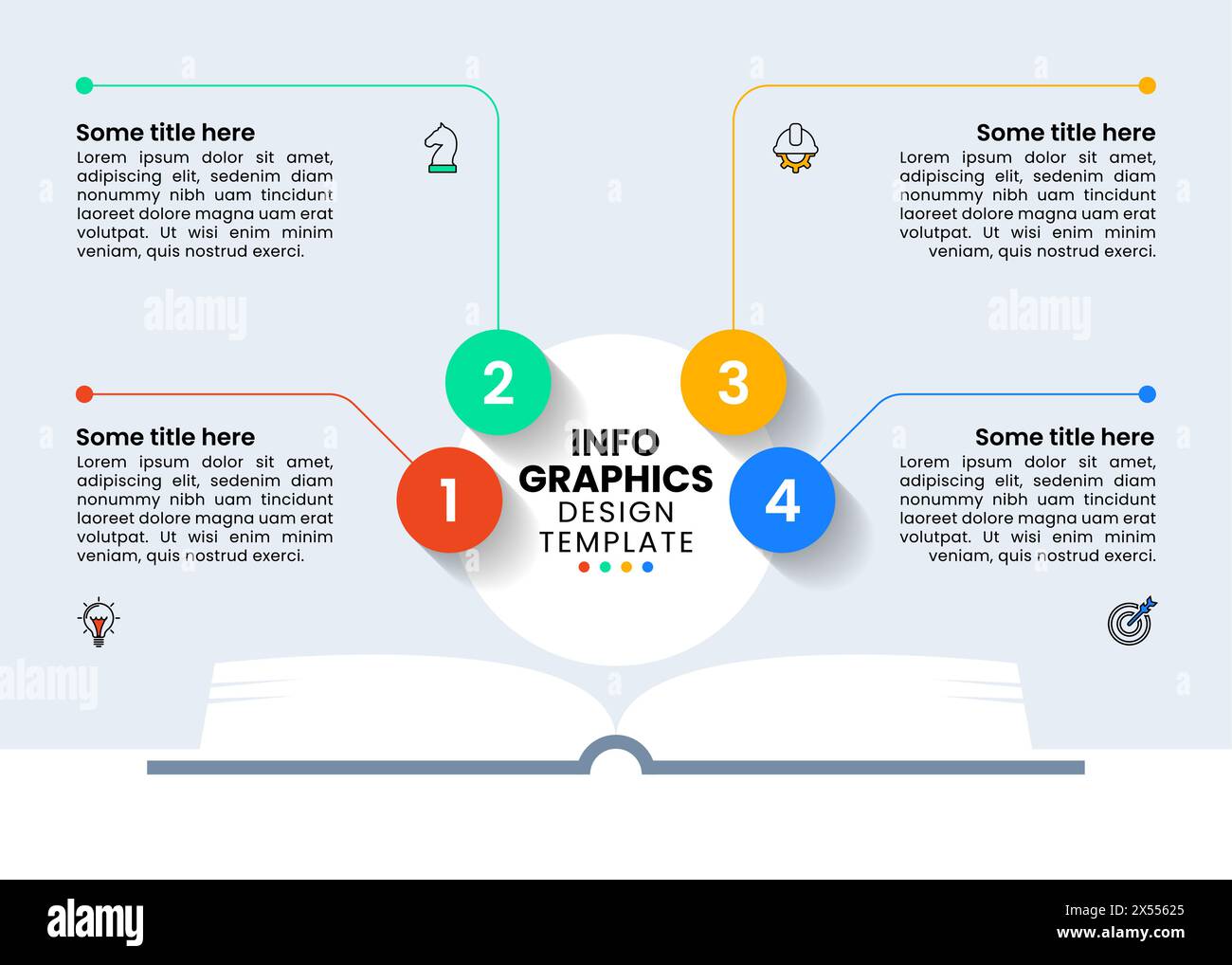 Infografik-Vorlage mit Symbolen und 4 Optionen oder Schritten. Buch öffnen. Kann für Workflow-Layout, Diagramm, Banner und Webdesign verwendet werden. Vektorabbildung Stock Vektor