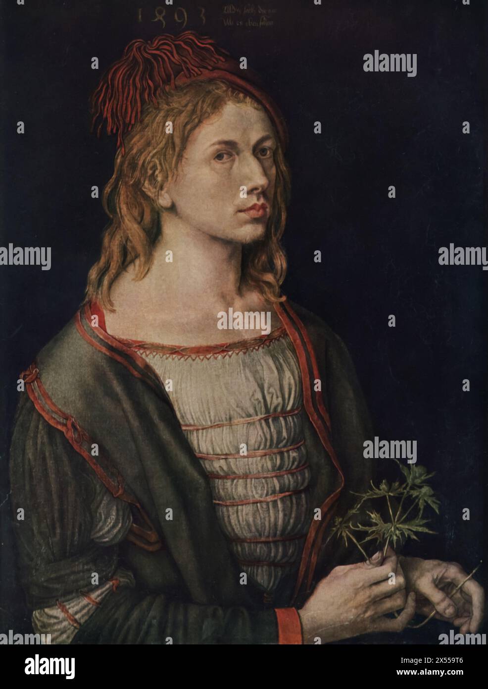 Ein Selbstporträt von Albrecht Dürer, gemalt 1493 im Louvre, Paris, Frankreich. Dürer, eine der führenden Persönlichkeiten der Nördlichen Renaissance, zeigt mit diesem frühen Selbstporträt seine Pionierarbeit zur Selbstdarstellung. Mit gerade einmal 22 Jahren stellt Dürer sich mit einer ungewöhnlichen Direktheit und Selbstvertrauen dar, Merkmale, die zu dieser Zeit bahnbrechend waren. Stockfoto