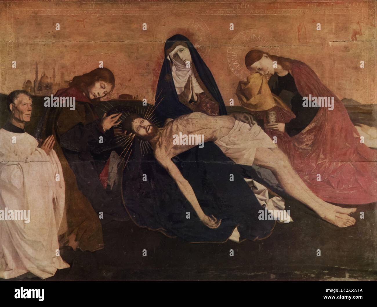 Villeneuve-les-Avignon Pieta' von Enguerrand Quarton, gemalt um 1460, untergebracht im Louvre Museum, Paris, Frankreich. Dieses Gemälde zeigt die Pieta, in der die Jungfrau Maria den verstorbenen Christus in ihrem Schoß hält, eine Szene, die für christliche Kunst emblematisch ist und Trauer und Mitgefühl ausdrückt. Quarton, ein prominenter französischer Maler des 15. Jahrhunderts, wird für seine Fähigkeit gefeiert, tiefe emotionale Resonanz und spirituelle Intensität zu vermitteln. Stockfoto