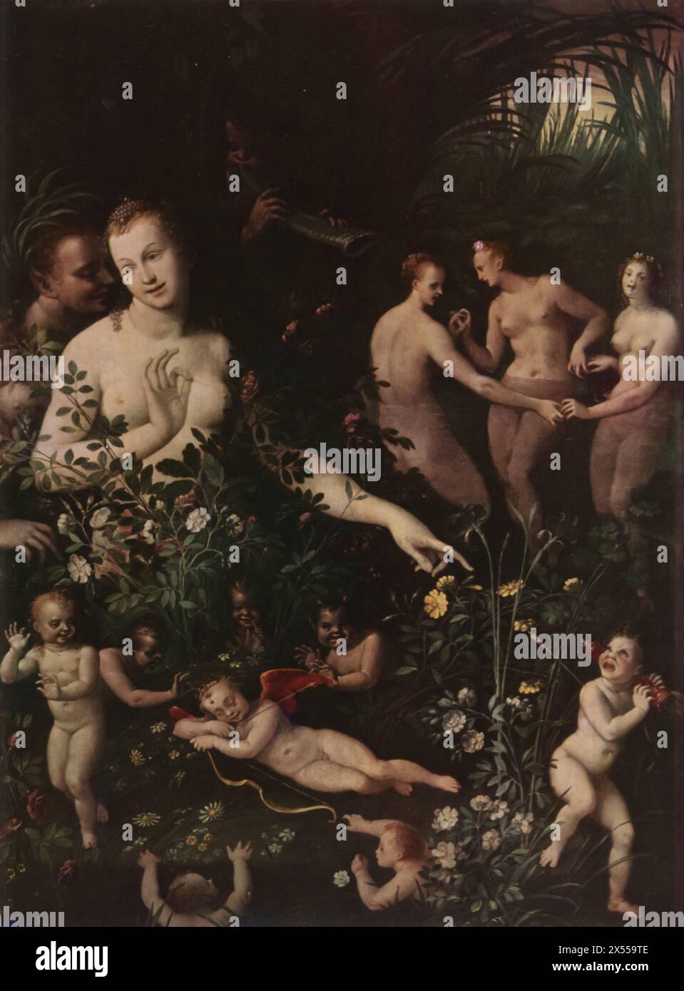 Allegory'' oder 'Allegory of Water/Love', datiert 1560, untergebracht im Louvre Museum, Paris, Frankreich. Dieses Gemälde zeigt Venus, die Göttin der Liebe, die Göttin des Wassers, das Baden. Diese Szene verbindet die Themen Liebe und Wasser und spiegelt die Verwendung der klassischen Mythologie der Renaissance wider, um komplexe Konzepte zu erforschen. Stockfoto