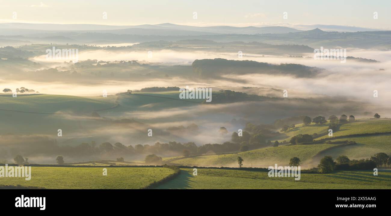 Nebel umhüllte die Landschaft von West Devon in der Nähe von Lifton, Devon, England. Herbst (September) 2023. Stockfoto