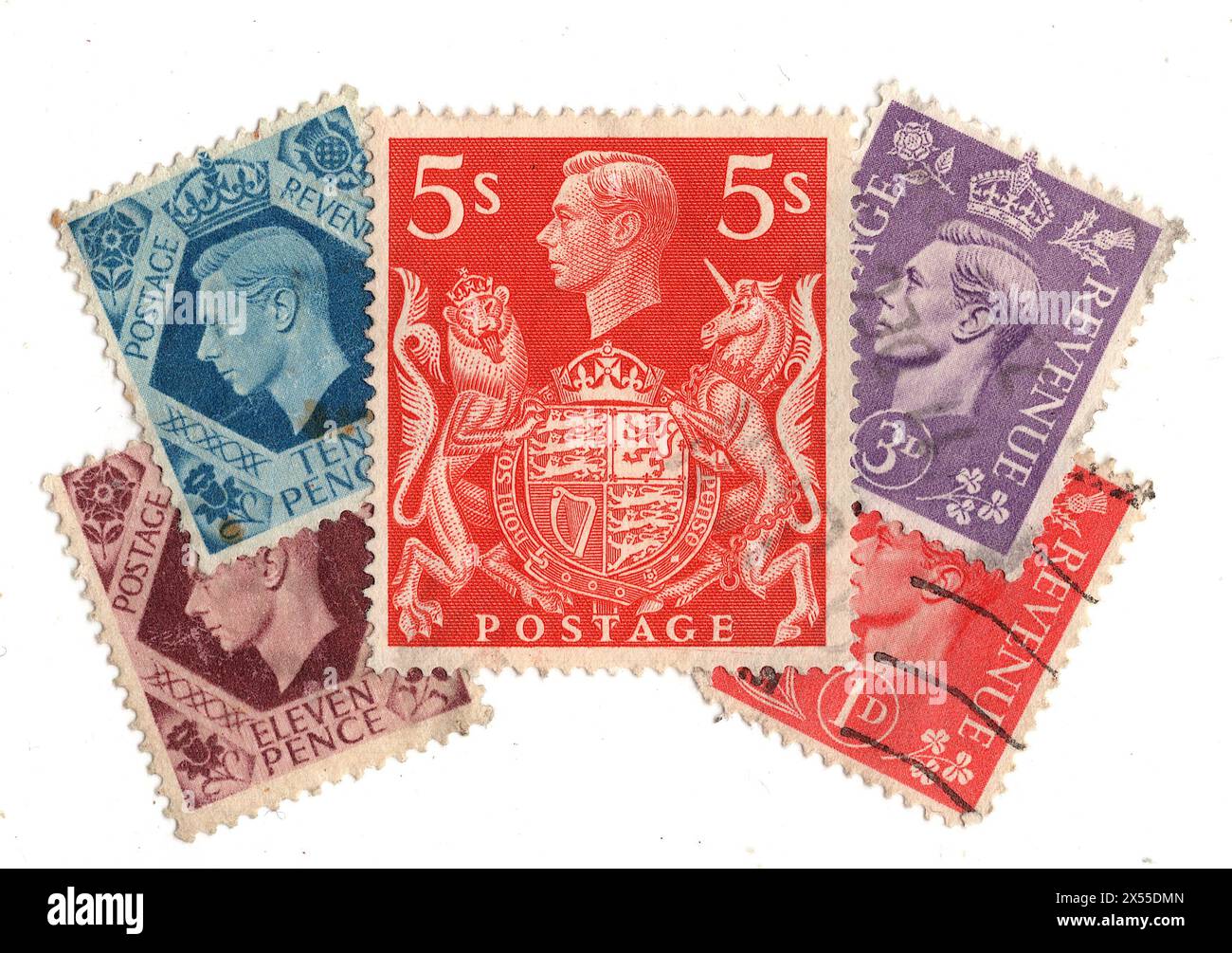 Eine Montage von Briefmarken von König Georg VI. Aus Großbritannien auf weißem Hintergrund. Stockfoto
