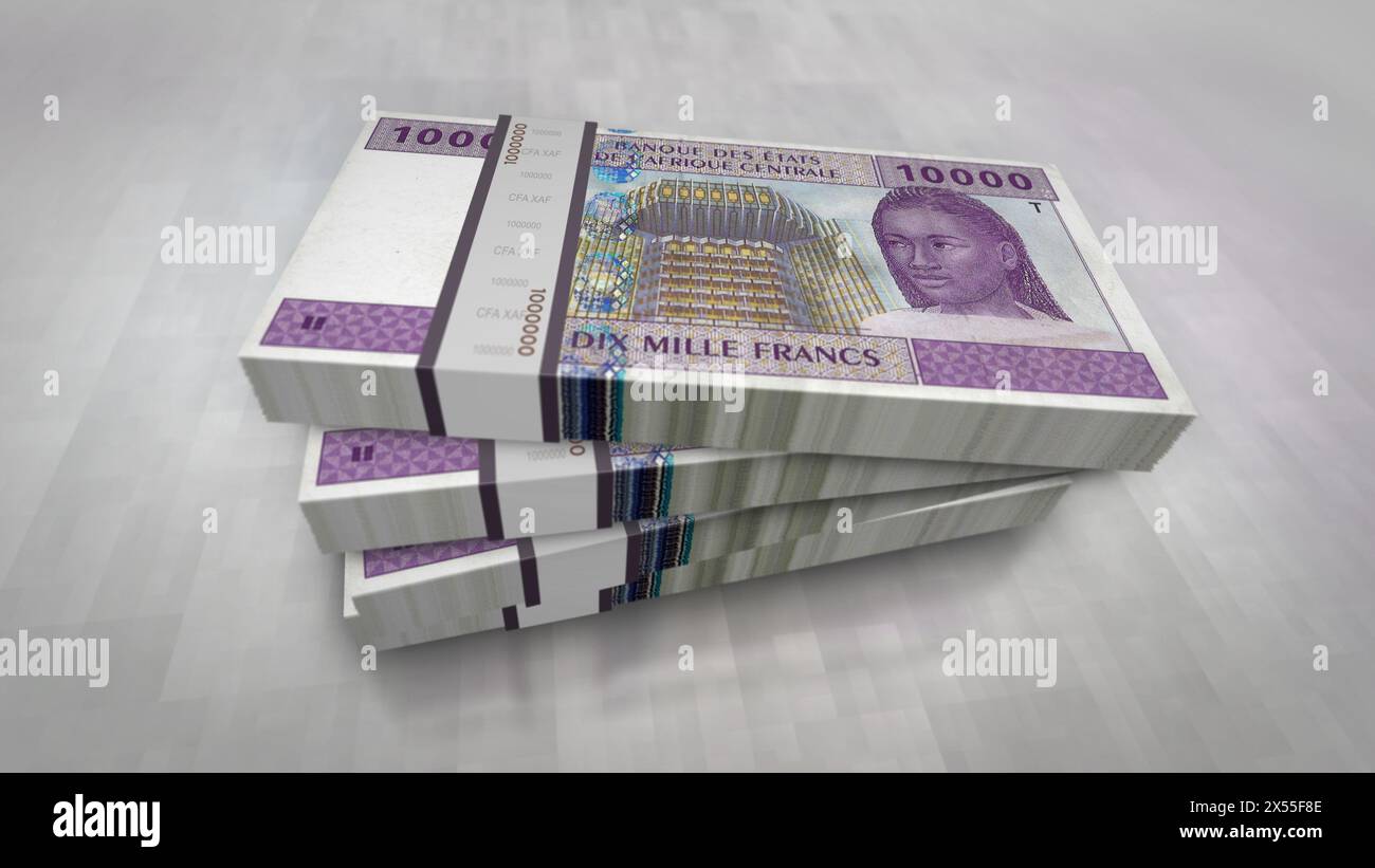 Zentralafrikanisches CFA-Franc Money Kamerun Tschad Kongo Gabun 3D-Illustration. 10000 XAF-Banknotenbündel. Konzept von Finanzen, Wirtschaft, Unternehmen Stockfoto