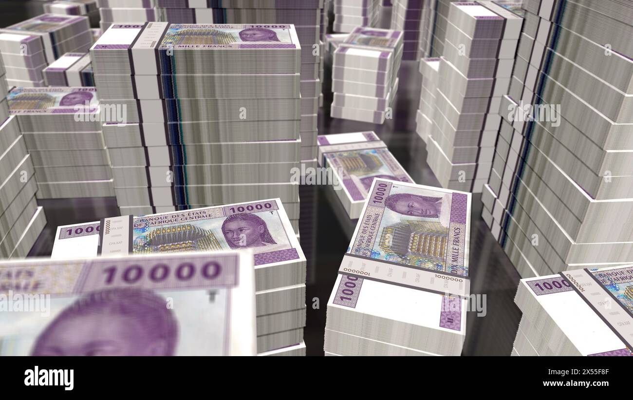 Zentralafrikanisches CFA-Franc Money Kamerun Tschad Kongo Gabun 3D-Illustration. 10000 XAF-Banknotenbündel. Konzept von Finanzen, Wirtschaft, Unternehmen Stockfoto