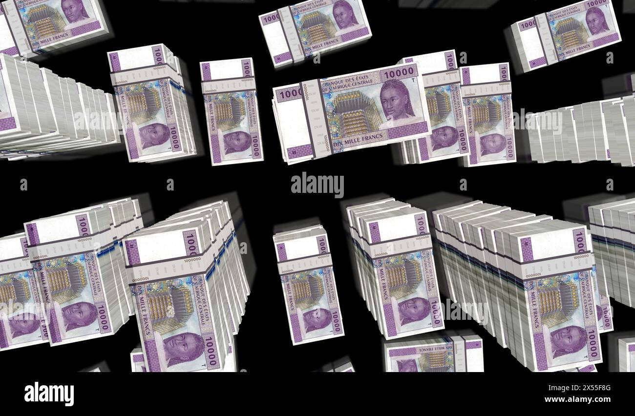 Zentralafrikanisches CFA-Franc Money Kamerun Tschad Kongo Gabun 3D-Illustration. 10000 XAF-Banknotenbündel. Konzept von Finanzen, Wirtschaft, Unternehmen Stockfoto