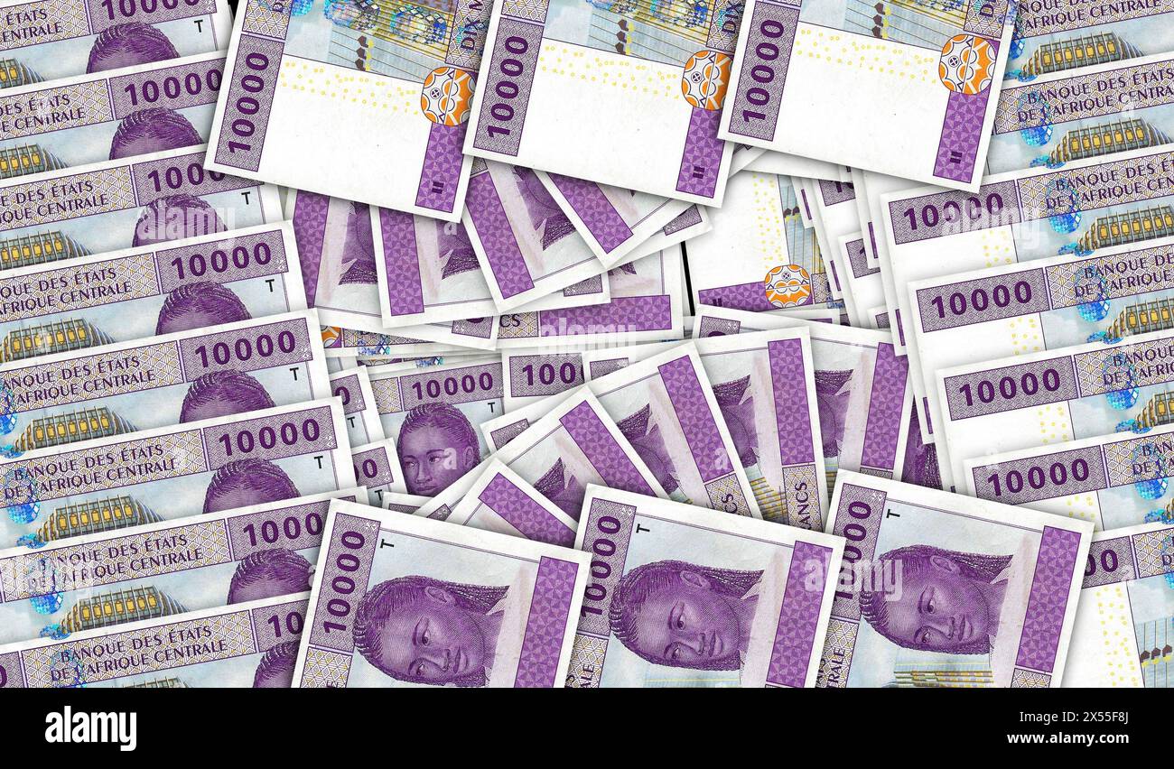 Zentralafrikanisches CFA-Franc-Geld Kamerun Tschad Kongo Gabun-Banknoten in einem Cash Fan Mosaik-Muster-Loop XOF-Banknoten. Abstraktes Konzept der Bank, Wirtschaft des Stockfoto