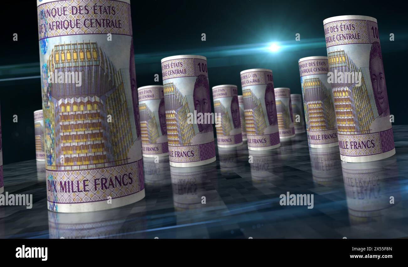 Zentralafrikanisches CFA-Franc Money Kamerun Tschad Kongo Gabun 3D-Illustration. 10000 XAF-Banknotenrollen. Konzept von Finanzen, Wirtschaft, Wirtschaft, Bank, Stockfoto