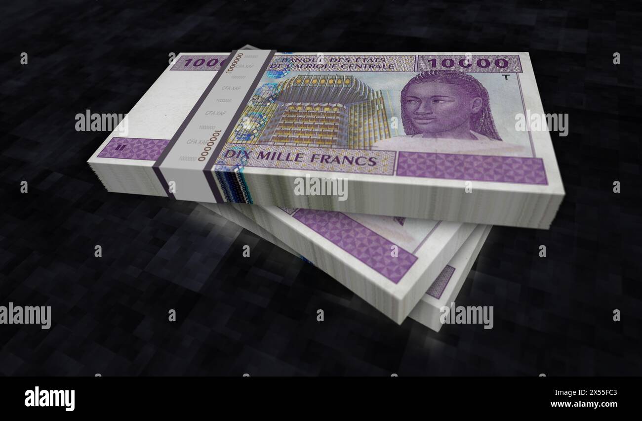 Zentralafrikanisches CFA-Franc Money Kamerun Tschad Kongo Gabun 3D-Illustration. 10000 XAF-Banknotenbündel. Konzept von Finanzen, Wirtschaft, Unternehmen Stockfoto