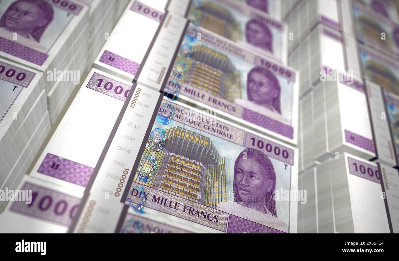 Zentralafrikanisches CFA-Franc Money Kamerun Tschad Kongo Gabun 3D-Illustration. 10000 XAF-Banknotenbündel. Konzept von Finanzen, Wirtschaft, Unternehmen Stockfoto