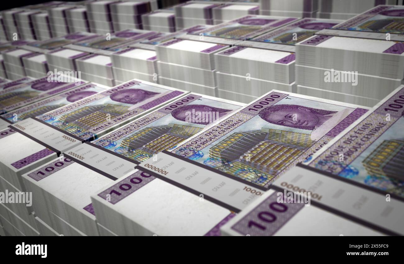 Zentralafrikanisches CFA-Franc Money Kamerun Tschad Kongo Gabun 3D-Illustration. 10000 XAF-Banknotenbündel. Konzept von Finanzen, Wirtschaft, Unternehmen Stockfoto