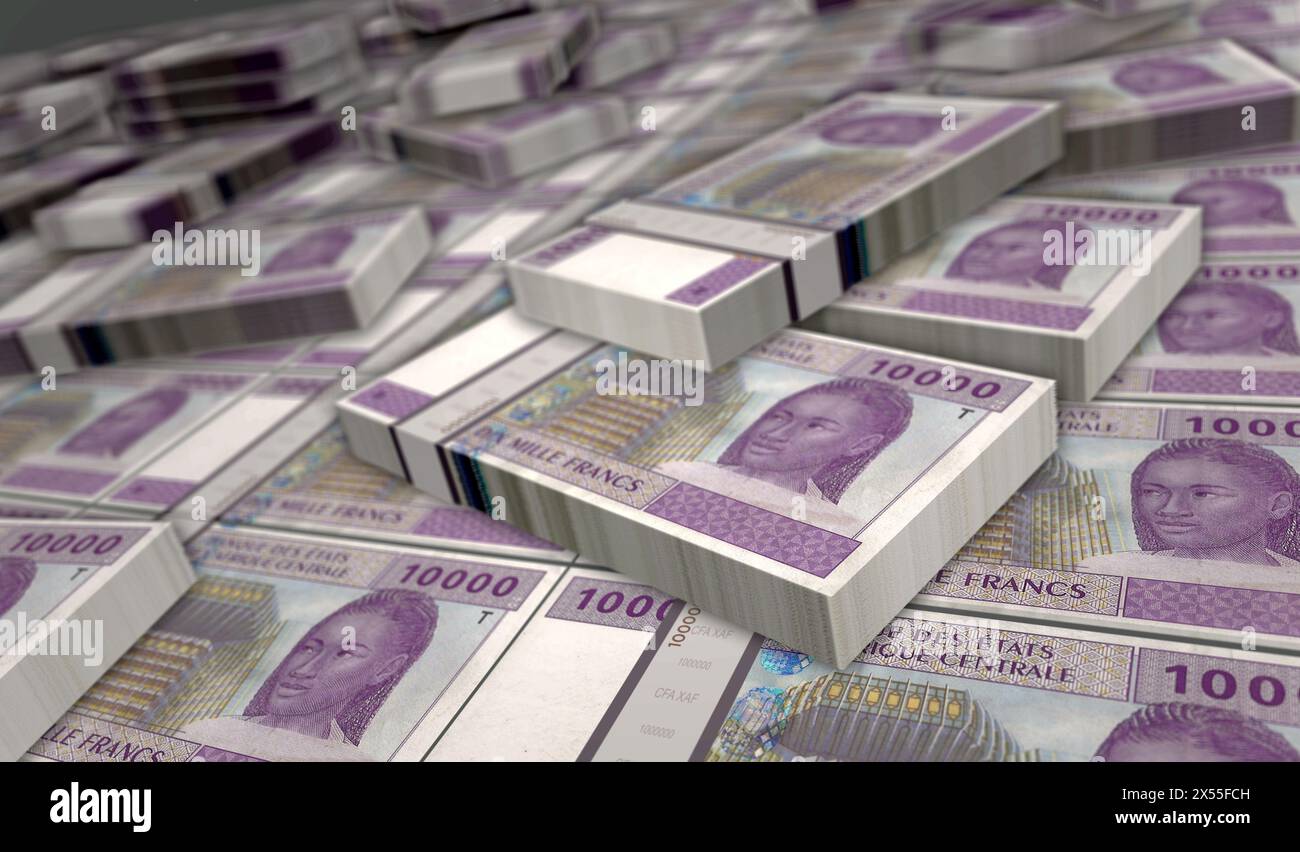 Zentralafrikanisches CFA-Franc Money Kamerun Tschad Kongo Gabun 3D-Illustration. 10000 XAF-Banknotenbündel. Konzept von Finanzen, Wirtschaft, Unternehmen Stockfoto